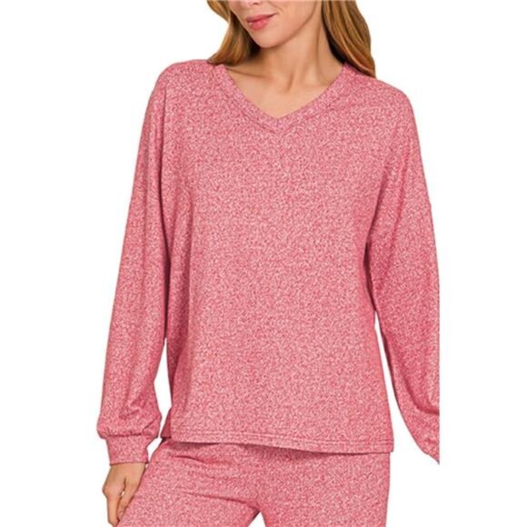 Zenana Soft Melange Long Sleeve Tee & Pants Set - Picture 1 of 2